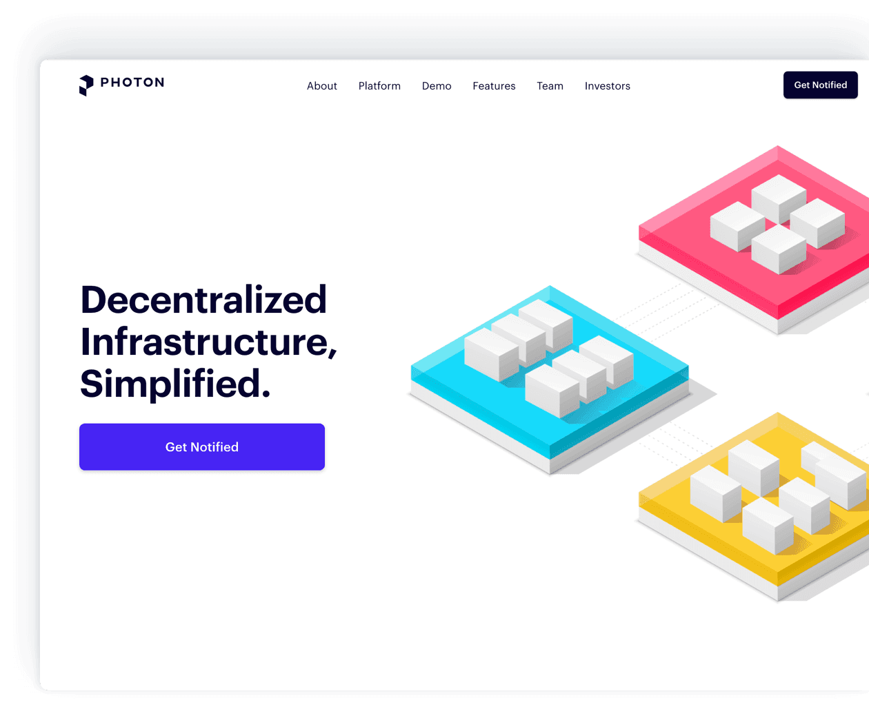 Photon decentralized infrastructure platform homepage with isometric 3D blocks in pink, blue, and yellow representing simplified blockchain infrastructure Photon decentralized infrastructure platform homepage with isometric 3D blocks in pink, blue, and yellow representing simplified blockchain infrastructure